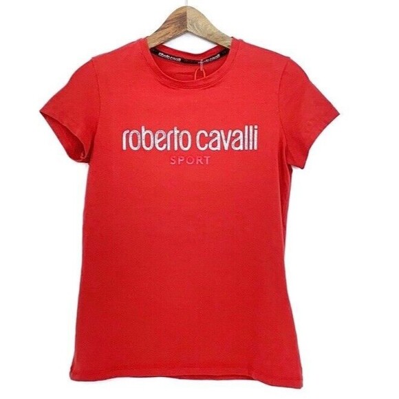 Roberto Cavalli Sport Red Graphic Print Crewneck T-Shirt Glitter Short Sleeve M - Picture 1 of 8
